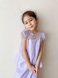 2024 Pleated Willow Girl Set in Lavender Cotton Linen with Lavender Floral French Lace