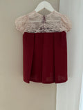 2024 Pleated Willow Girl Set in Maroon Cotton Linen with Cream Floral French Lace