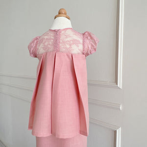2024 Pleated Willow Girl Set in Baby Pink Cotton Linen with Baby Pink Floral French Lace