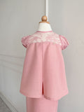 2024 Pleated Willow Girl Set in Baby Pink Cotton Linen with Baby Pink Floral French Lace