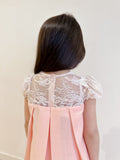 2024 Pleated Willow Girl Set in Peach Cotton Linen with Cream Floral French Lace
