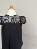 2024 Pleated Willow Girl Set in Black Cotton Linen with Black Floral French Lace