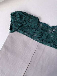 2024 Pleated Willow Girl Set in Light Grey Cotton Linen with Emerald Floral French Lace